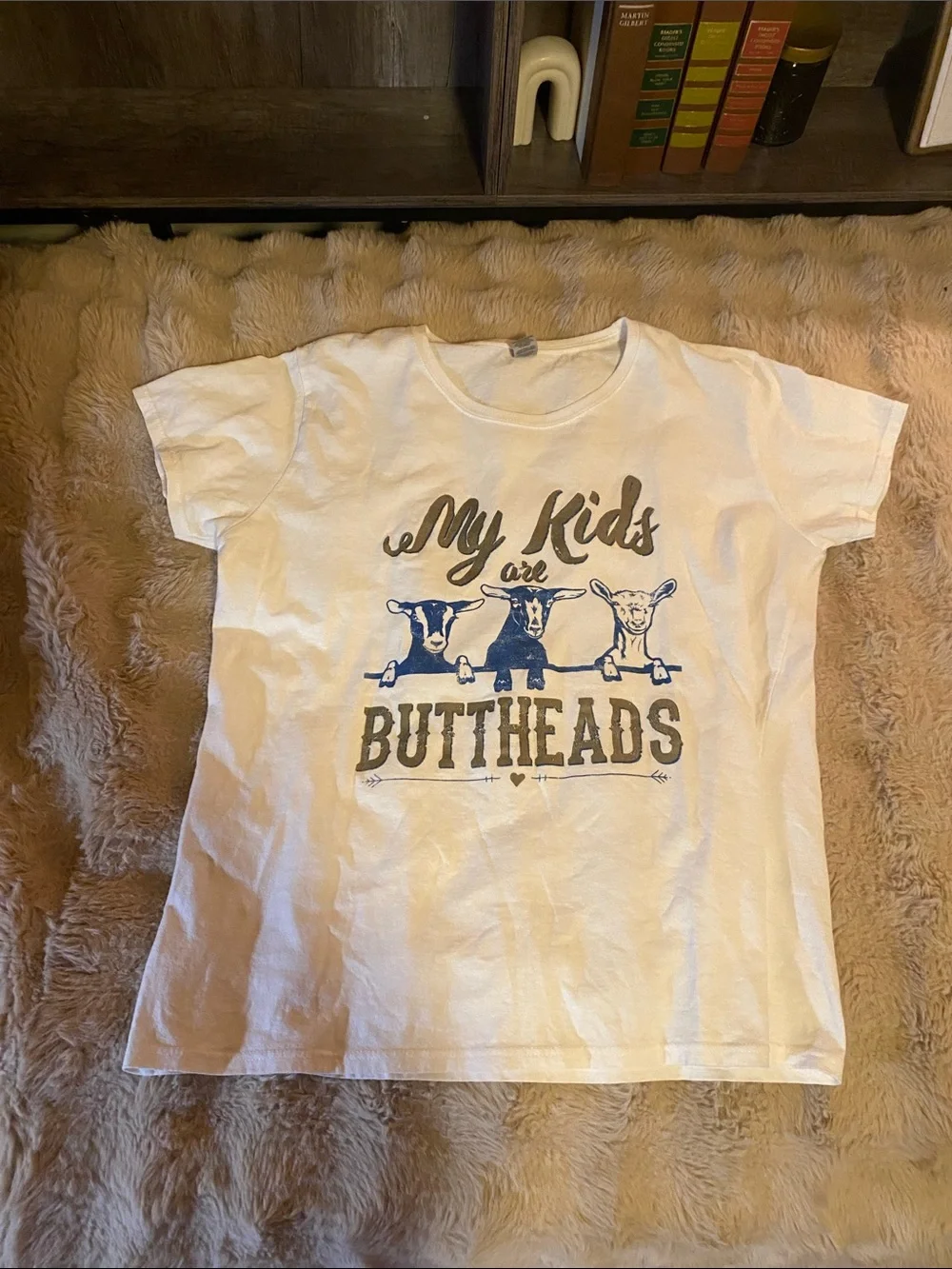 Gildan White Kids Tee with Blue and Gray Graphic
